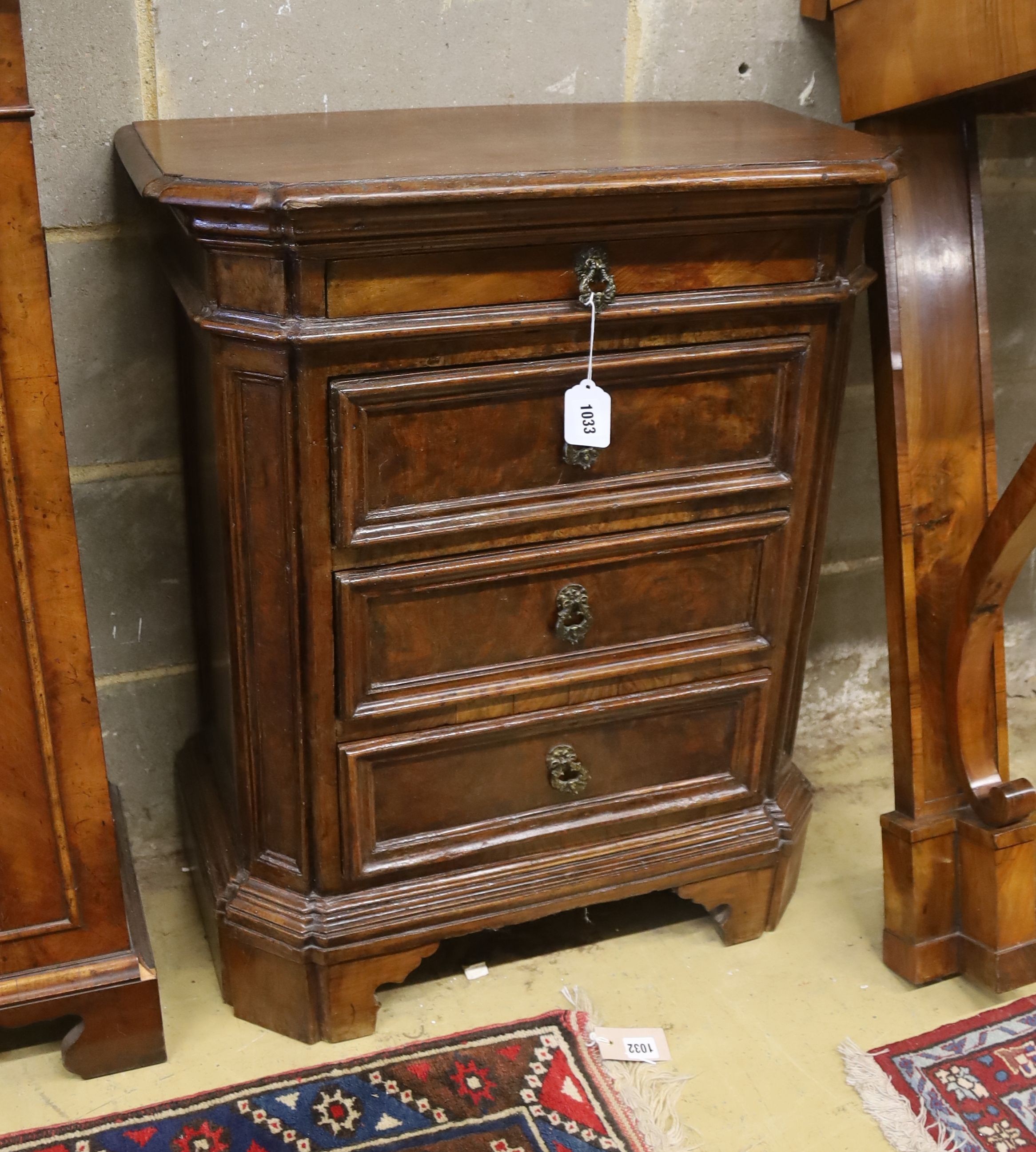 An 18th century North Italian walnut four drawer chest, width 65cm, depth 33cm, height 79cm